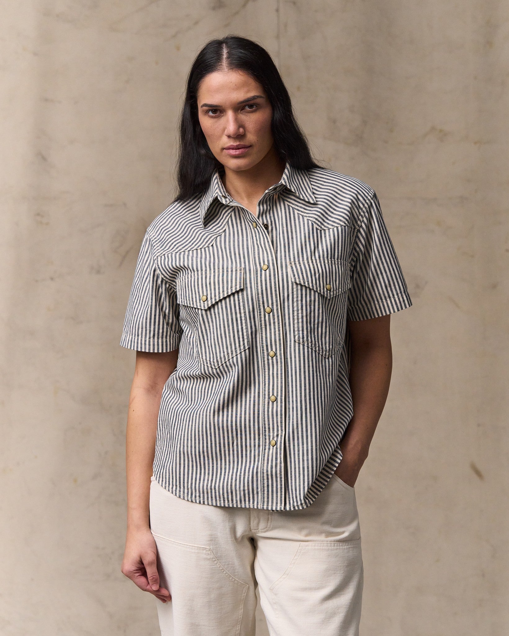 Women's Short Sleeve Chambray Western Shirt - Indigo / Natural