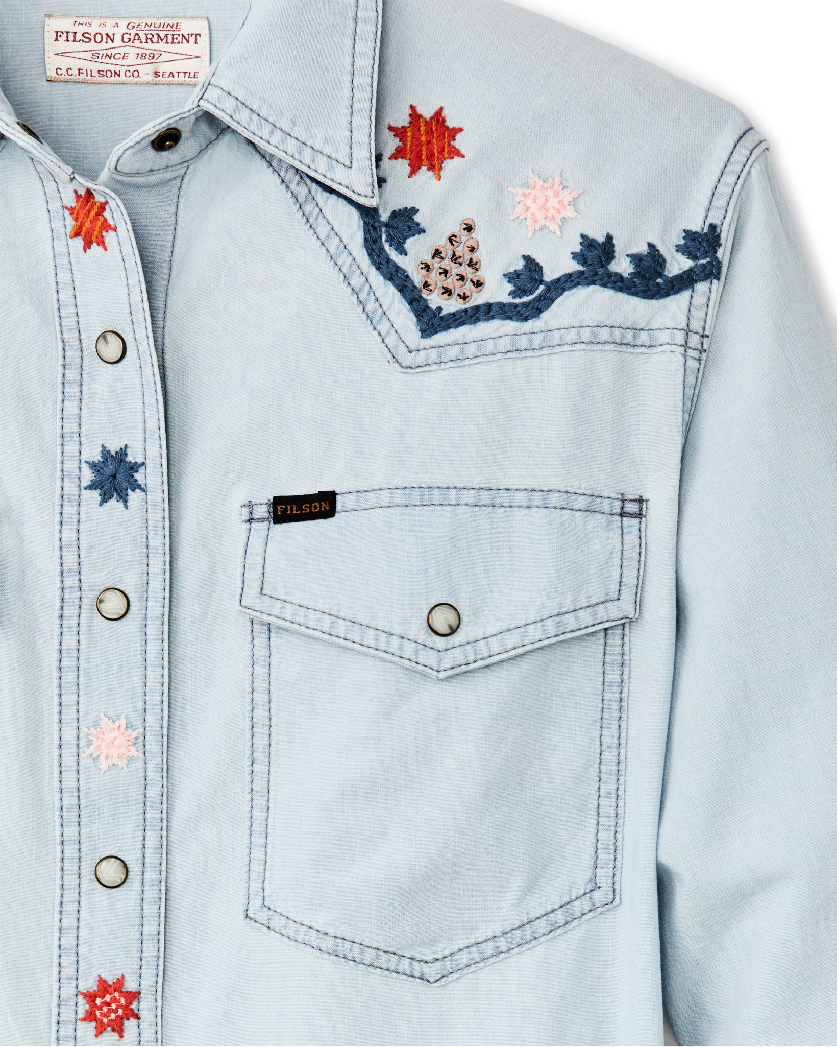 Women's Embroidered Western Shirt - Light Indigo Chambray / Stars - Image 3
