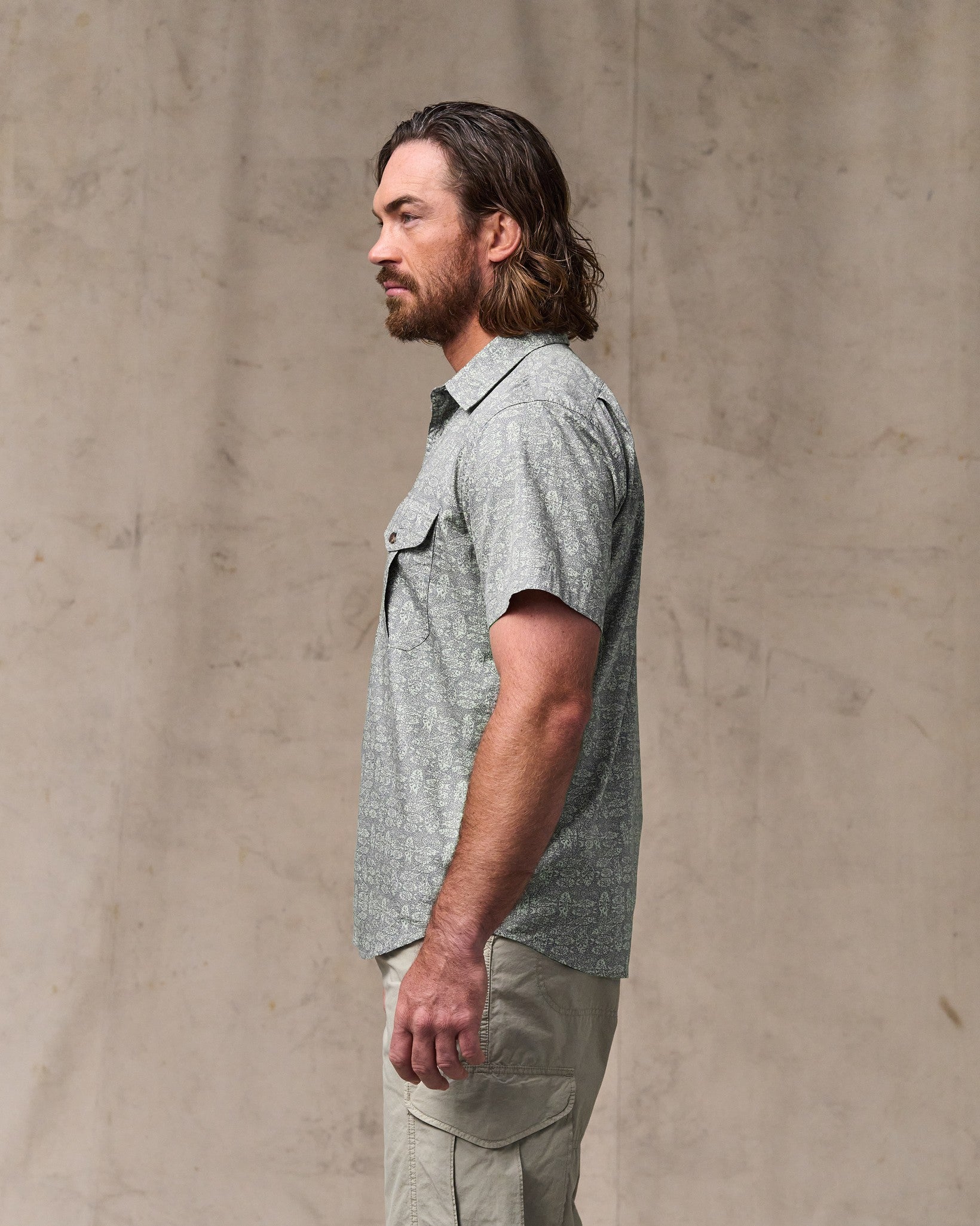 Washed Short Sleeve Feather Cloth Shirt - Khaki Print - Image 3